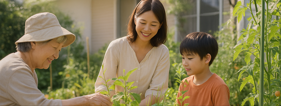 「家庭菜園を楽しむ家族が、庭のすきま畑で水やりや収穫をしている様子」