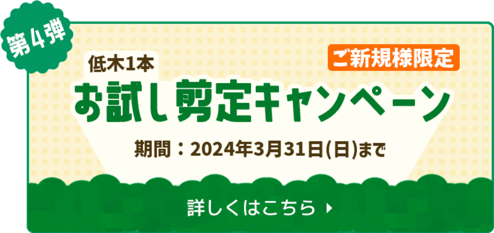 第4弾 低木1本 お試し剪定キャンペーン 期間：2024年3月31日(日)まで　詳しくはこちら